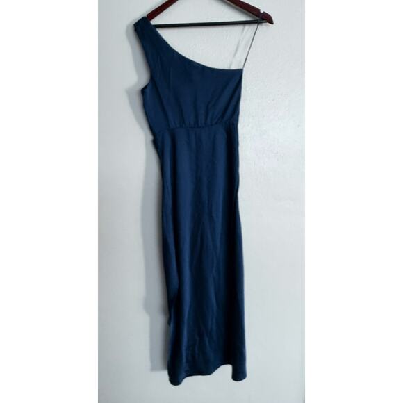 ABERCROMBIE AND FITCH a&f blue one shoulder satin knotted midi side slit dress - Picture 4 of 10